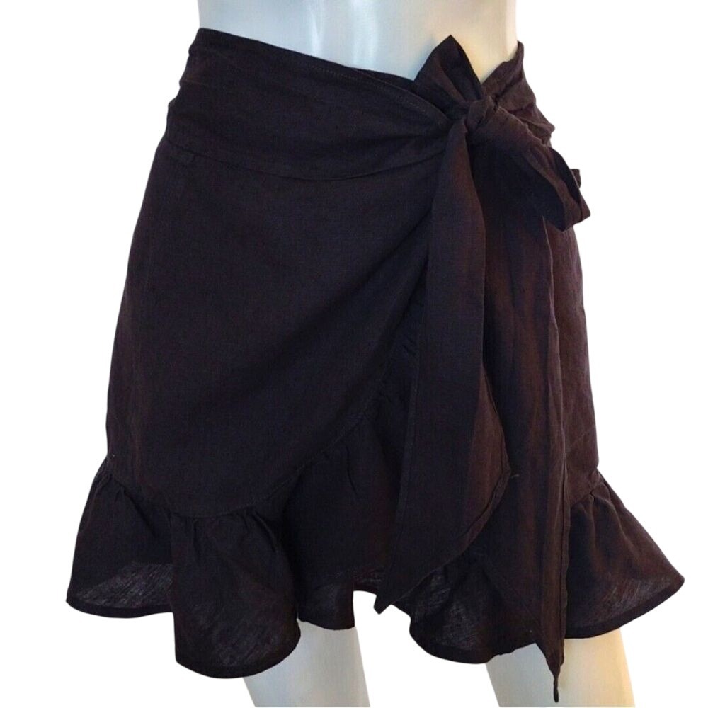Blank NYC Mini Wrap Skirt Women 26 Black Ruffled Linen Bohemian Travel Vacation‎